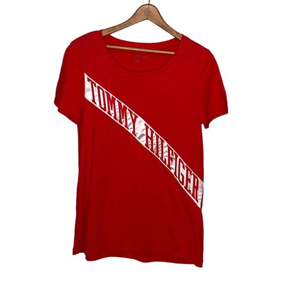 Tommy Hilfiger Small S Red Slub Knit Embroidered Logo‎ Spell Out T-Shirt Tee Top - Picture 1 of 3